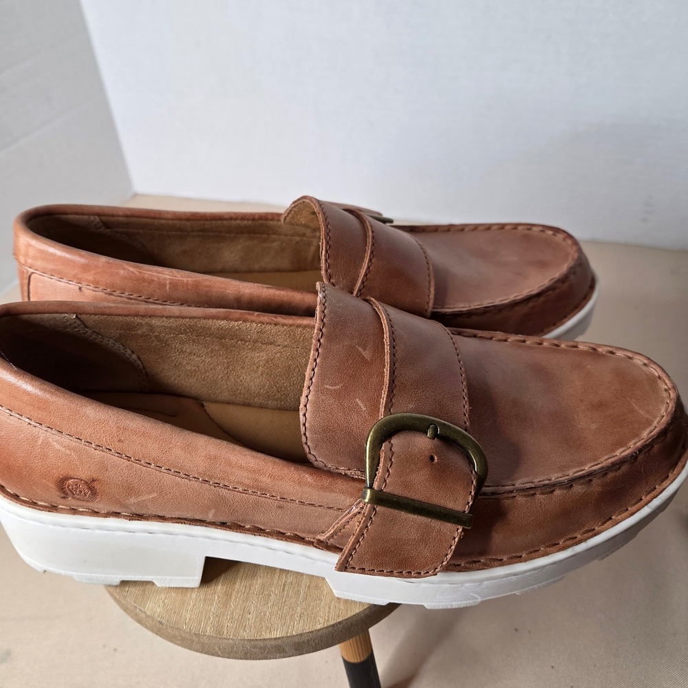 Born Contessa Tan Leather Platform Loafers Buckle Strap Lug Sole Shoes Womens 9M - Picture 8 of 15